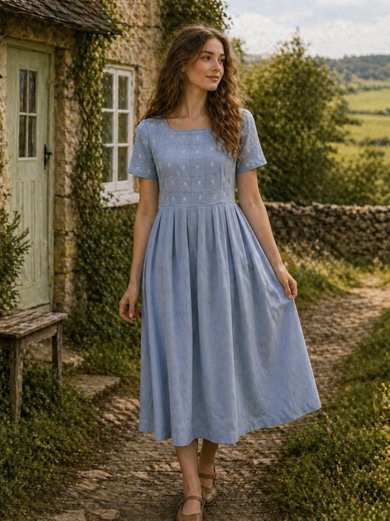 Sarah Elizabeth Dresses & Skirts - dress blue midi 6 petite zip embroidery floral cottagecore coastal teacher